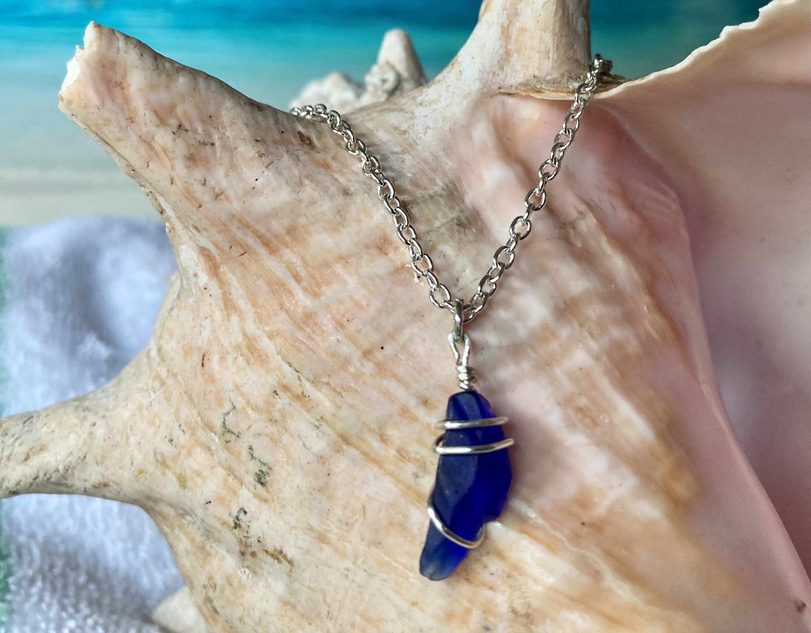 Rare bark blue seaglass necklace